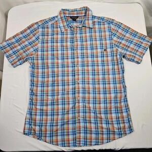 Marmot Shirt Mens Medium Blue Plaid Red Orange Short Sleeve Button Up